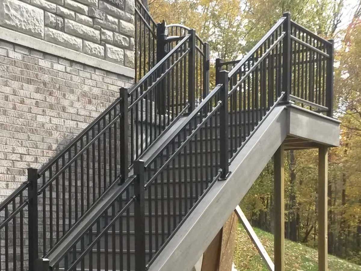 Black Aluminum Stair Railing with Arched Gate Entry - Multi-Level Outdoor Installation in Walton, KY